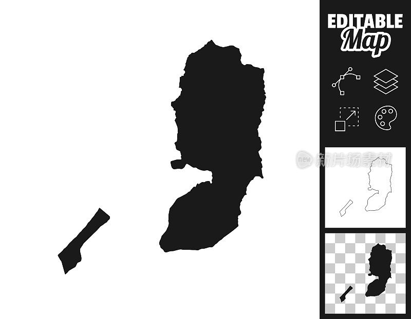 巴勒斯坦领土地图设计。轻松地编辑