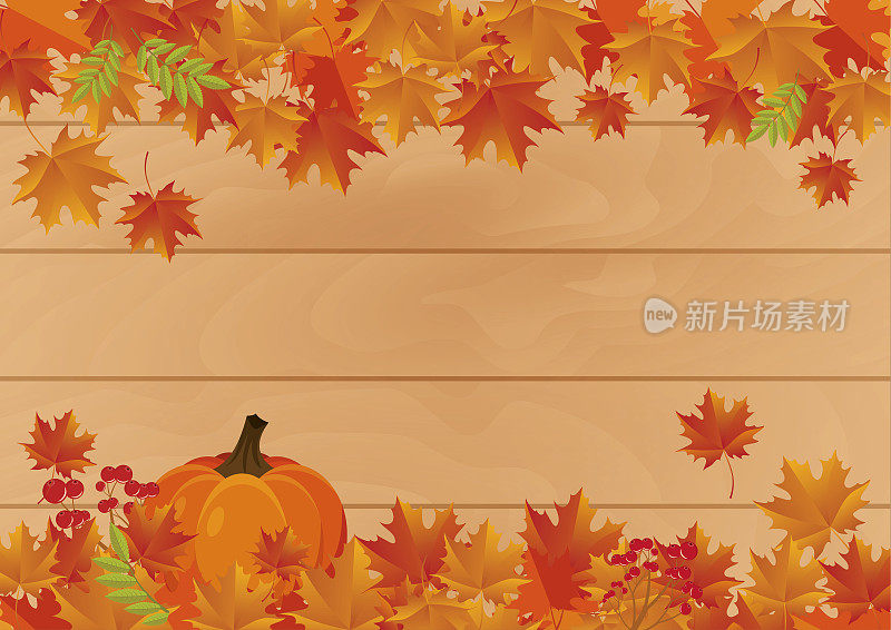 木制背景框架与秋天飘落的枫叶矢量
