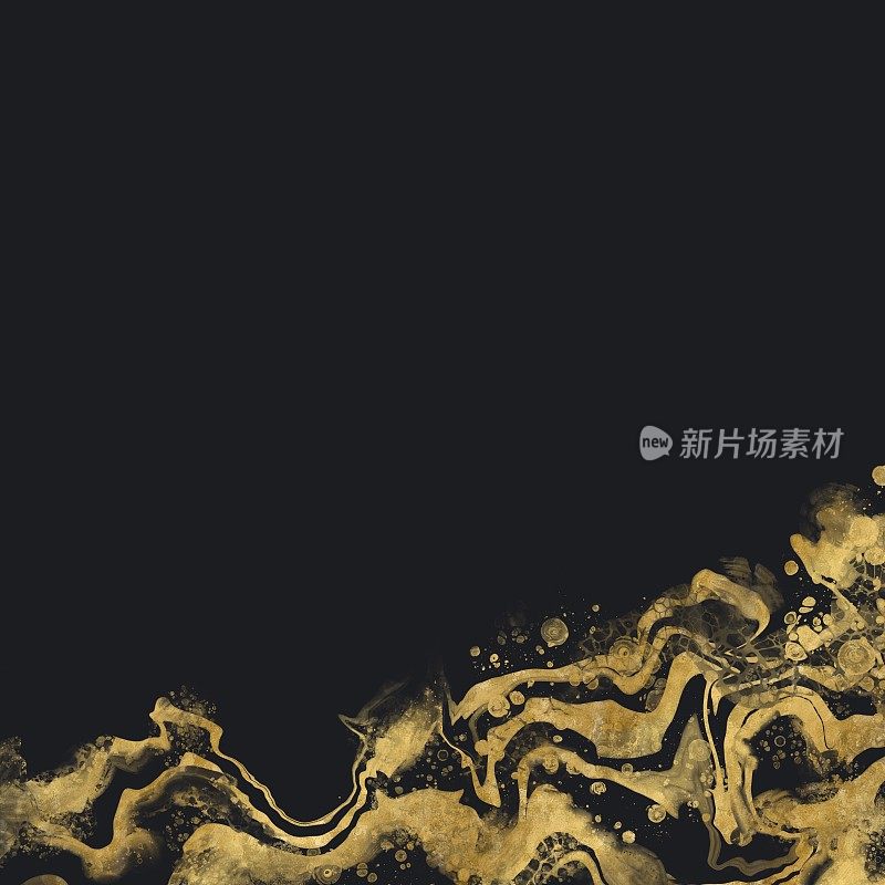 日本流体艺术。抽象的方块暗色模板。黑色背景上的金色波浪。豪华的大理石模式。大海与溪流的概念