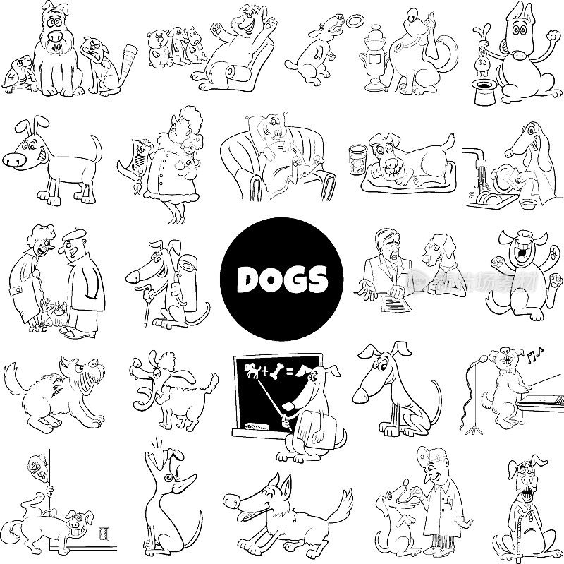 卡通狗和小狗人物设定着色页