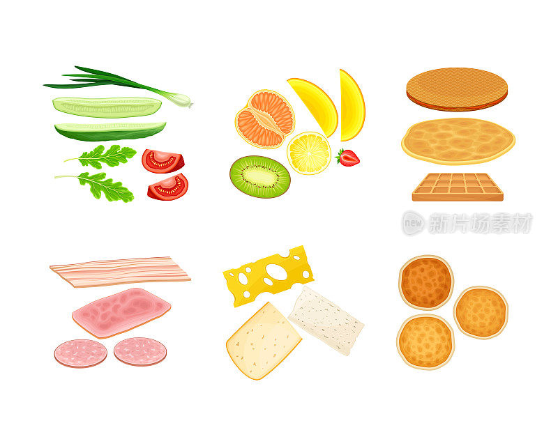 三明治和煎饼构造集。肉，奶酪，蔬菜和水果切片食材卡通矢量插图i