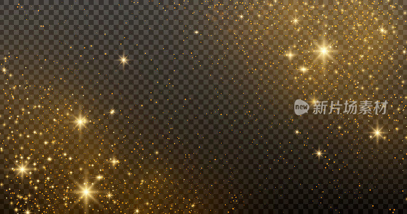 闪光粒子效应。金色闪闪的太空星尘在透明背景上留下闪闪发光的粒子。股票免版税矢量插图。PNG