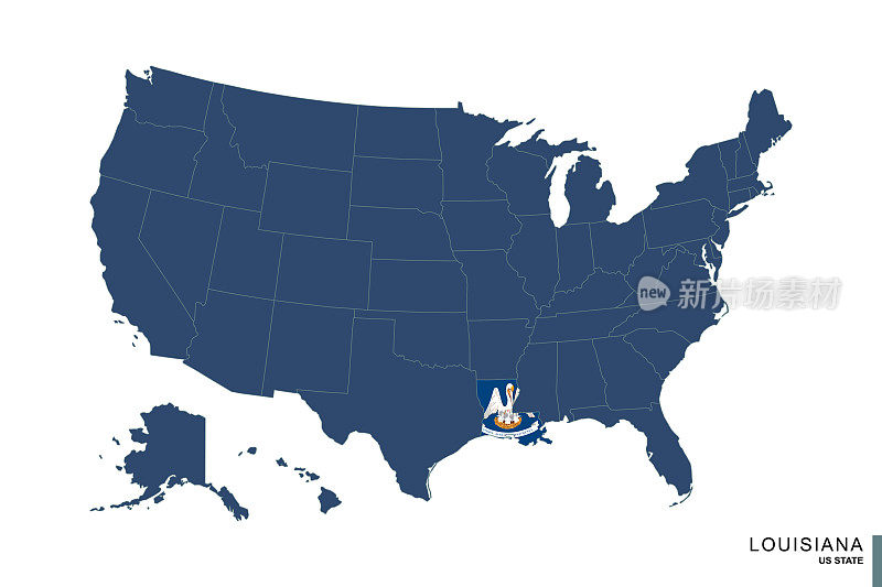 美国蓝色地图上的路易斯安那州。路易斯安那州的旗帜和地图。