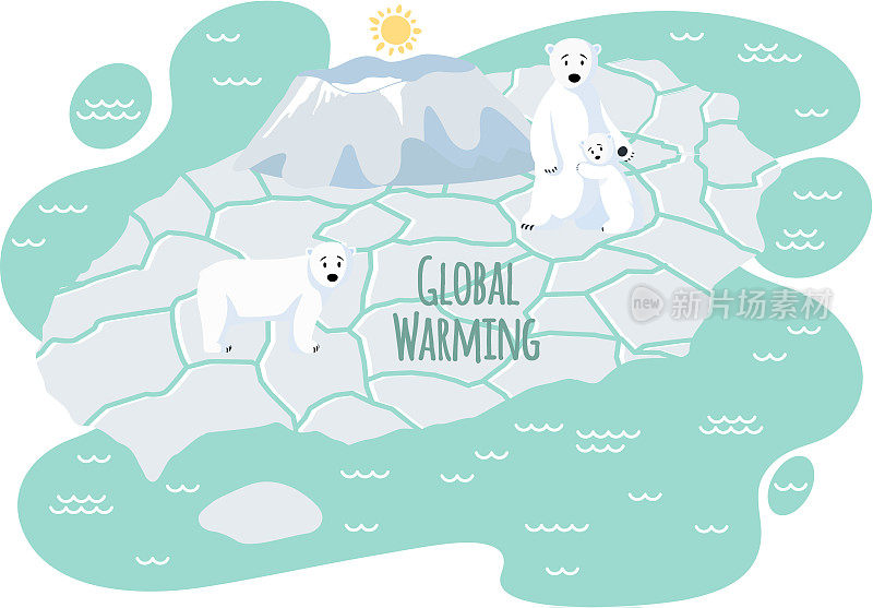 全球变暖期间，北极熊一家在浮冰上。野生动物逃离融化的冰川