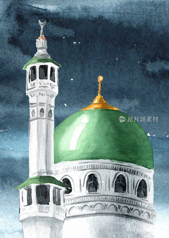伊斯兰清真寺，斋月卡里姆概念，穆哈拉姆。手绘水彩插图，孤立的白色背景