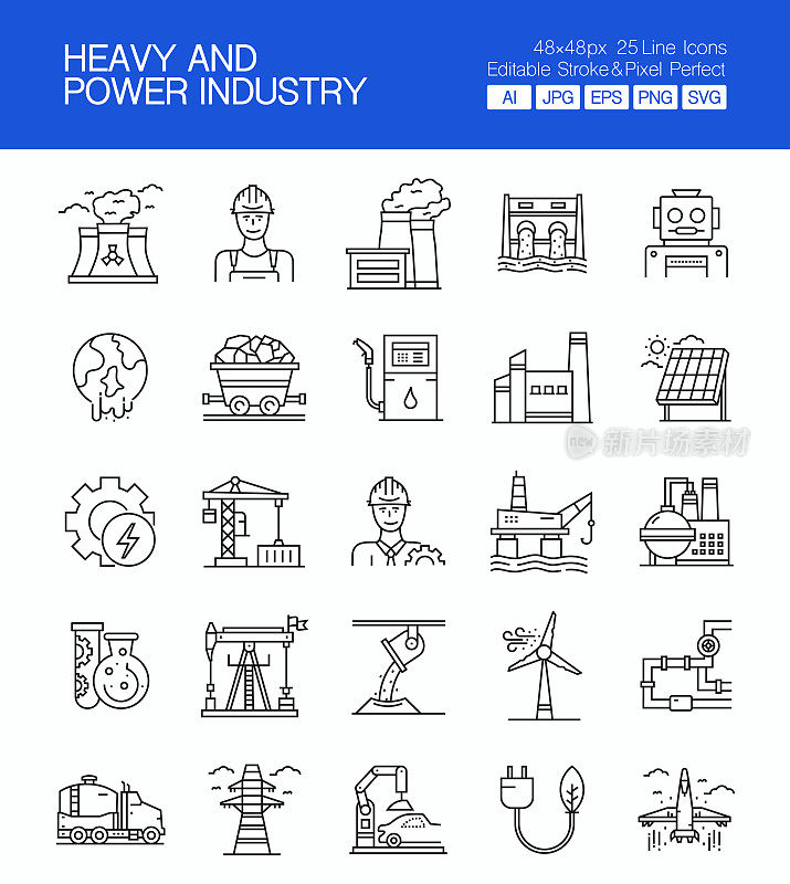 重和功率细线矢量图标集。设计是可编辑的，颜色可以改变。矢量集的创意图标:发电厂，工厂，油泵，煤矿开采，能源，工业，污染