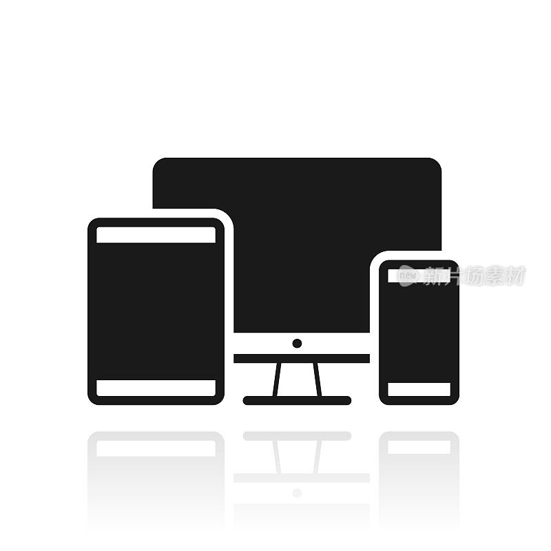 台式电脑、平板电脑、智能手机。白色背景上反射的图标