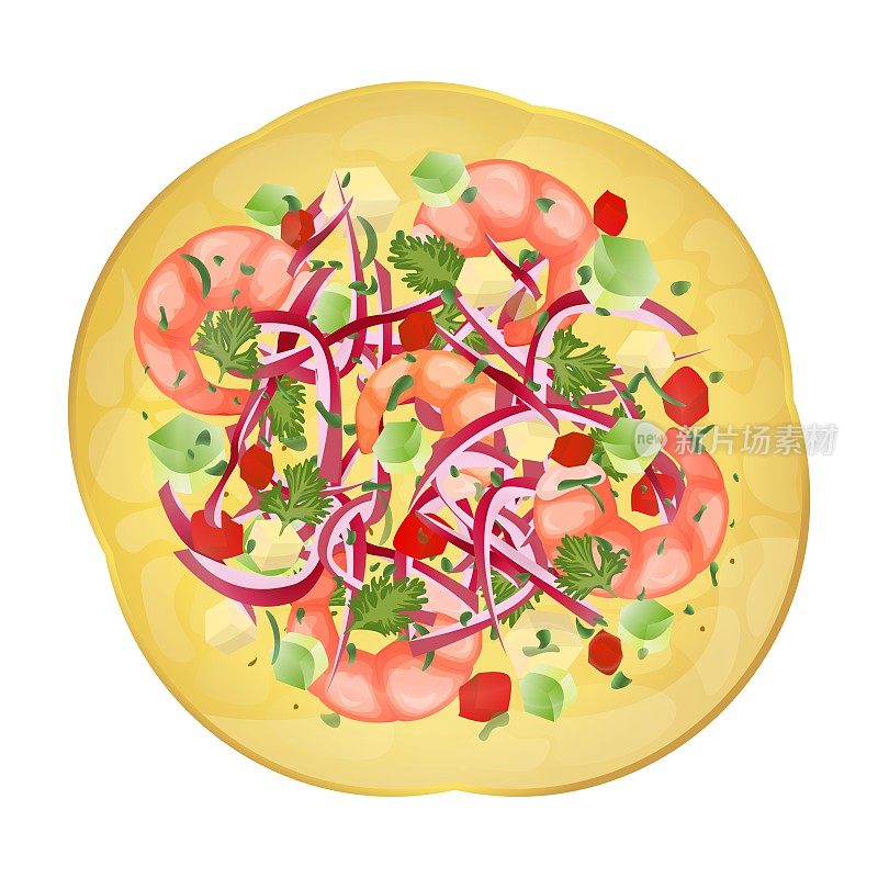 酸橘腌鱼虾配大饼。拉丁美洲食物俯视图。矢量插图隔离在白色背景上。