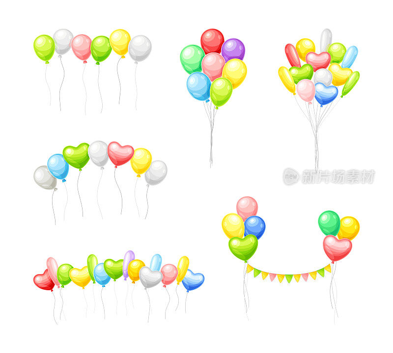 一束彩色气球充气与氦气串矢量集