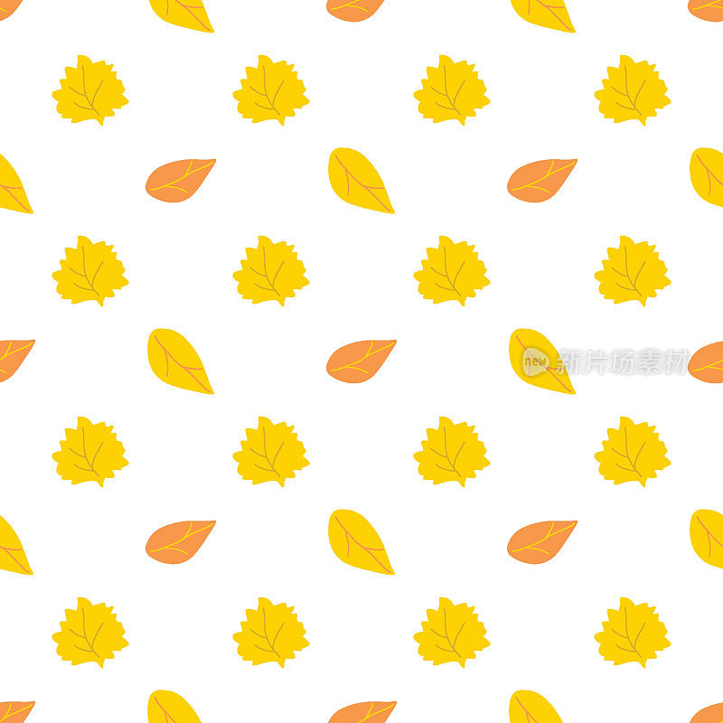 秋日矢量秋日天衣无缝。黄色和橙色的叶子。可爱的手绘收获季节农家乐插图在白色背景
