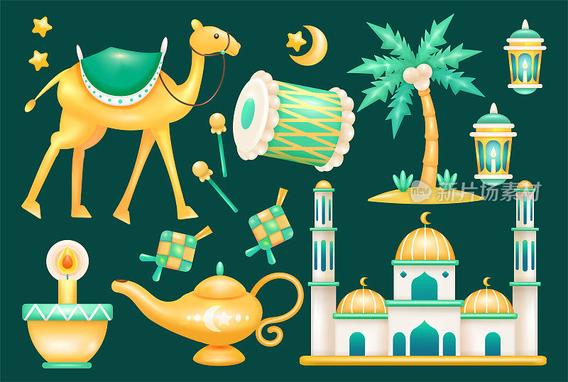 斋月3d元素。骆驼、鼓、水壶、椰子树、灯笼、清真寺和ketupat