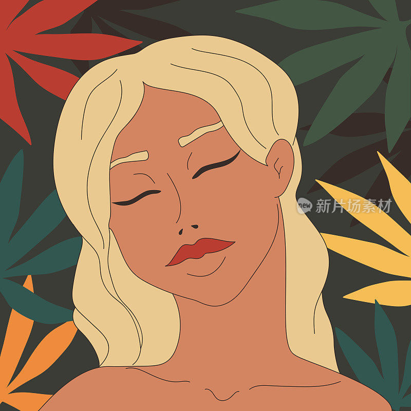 森林里的手绘金发女人。女性美与自然主题。年轻女子闭着眼睛在不同颜色的树叶背景。矢量艺术