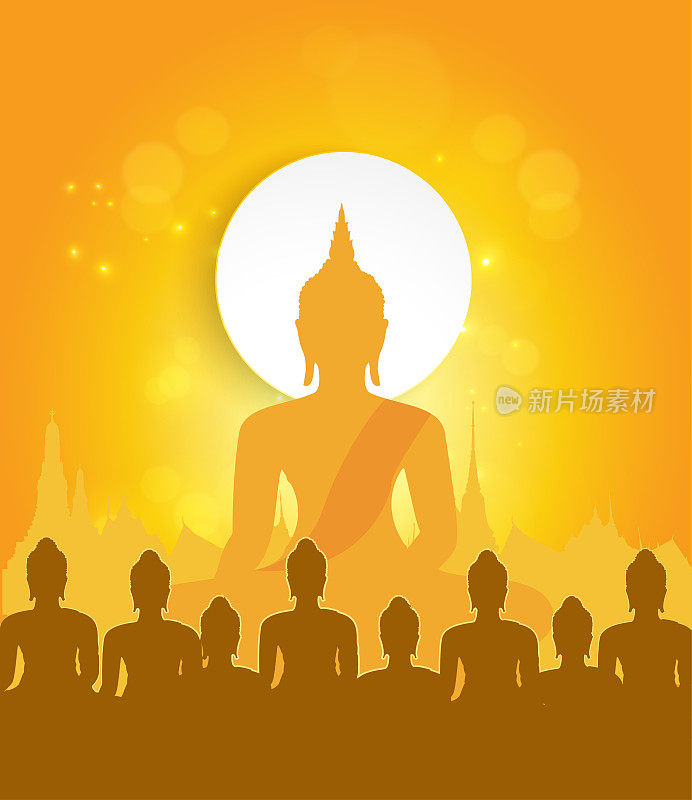 坐和尚听佛法和寺庙在黄色矢量插图背景。摩哈普日，卫塞节横幅，泰国文化重要的佛教节日