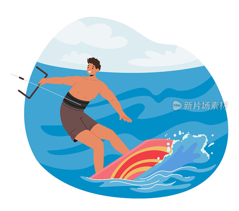 运动员性格的风筝在海浪上冲浪，熟练地驾驭风和表演杂技动作