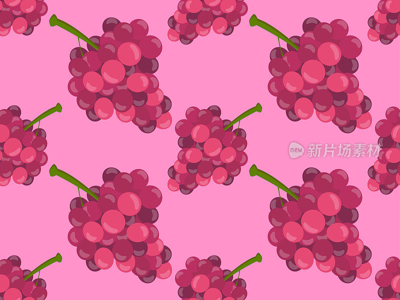 葡萄无缝图案。一串3d风格的葡萄。成熟的粉红色葡萄果实。设计印刷织物，壁纸和横幅。矢量图