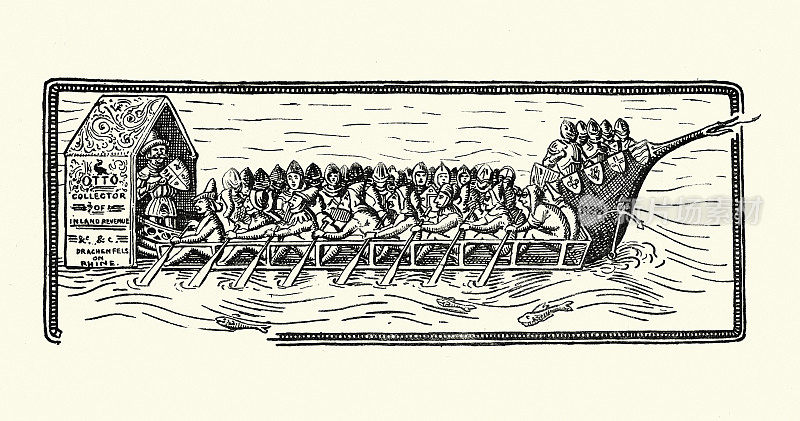 一幅中世纪河船、税吏和骑士们逆流而上的漫画