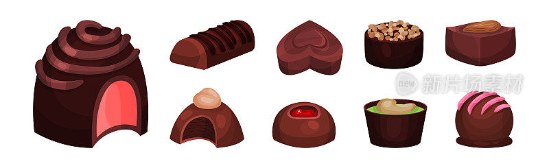 什锦巧克力糖果或巧克力果仁填充矢量集