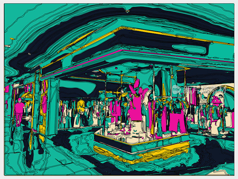 勾勒风格霓虹色彩的立体卡通室内场景，服装卖场的室内空间