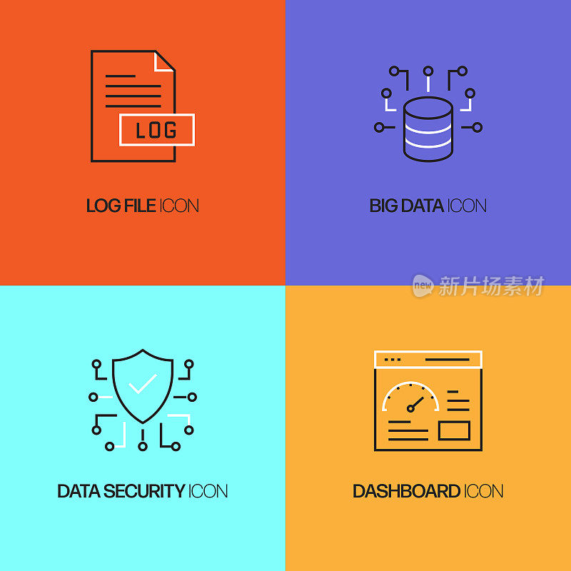 数据分析相关的矢量细线图标。轮廓符号集合