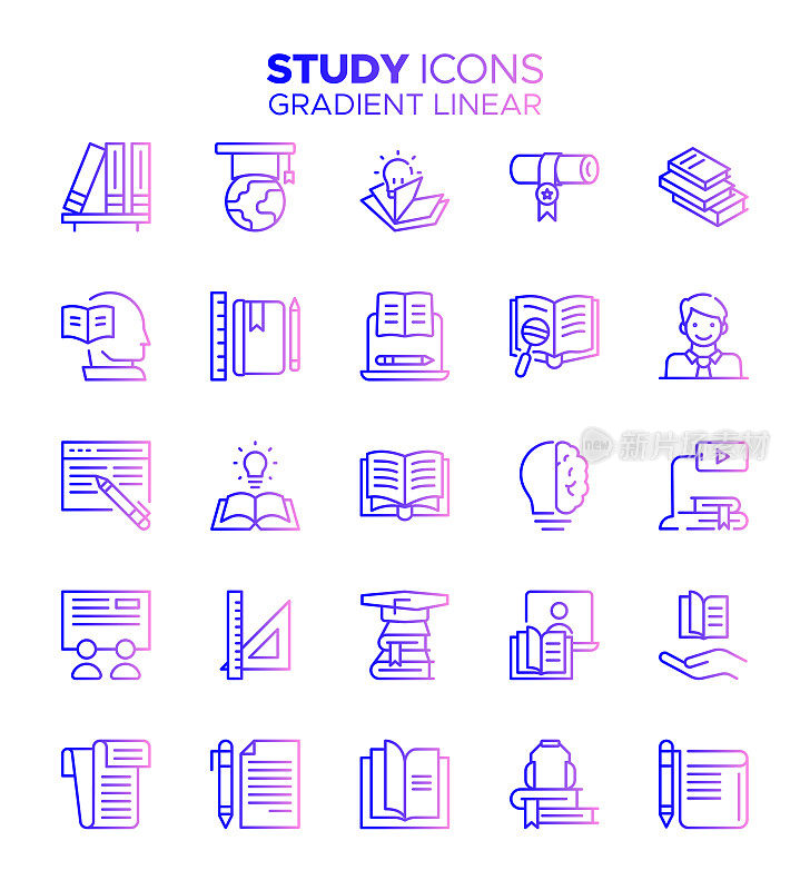 学习-梯度细线矢量图标集-学校建筑，教师，学习