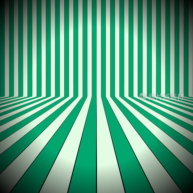 绿色和白色条纹图案与消失点透视。