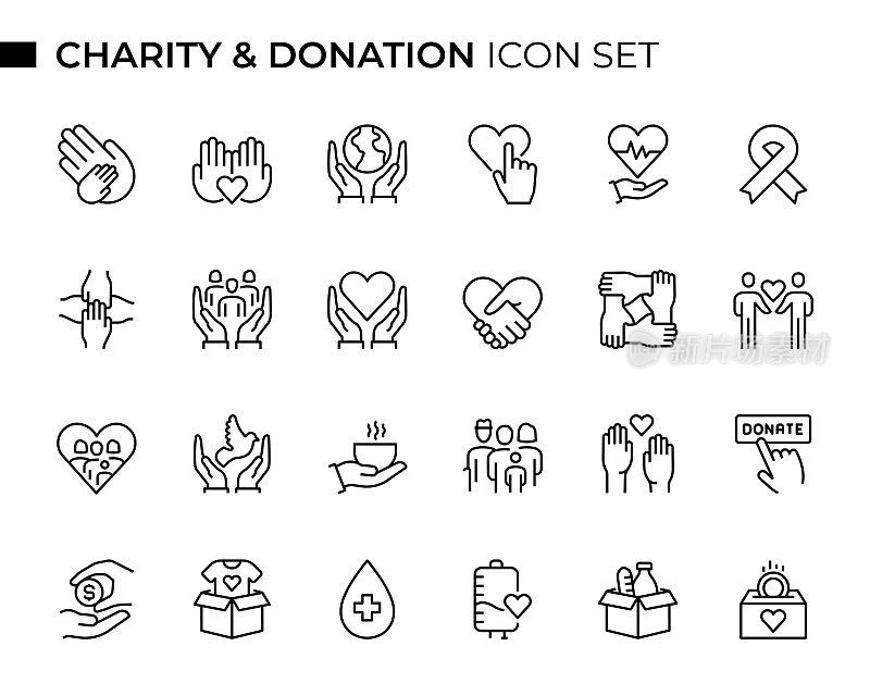 慈善和捐赠概念细线图标集包含这样的图标，如团结，志愿者，利他主义，庇护所，献血，社区等
