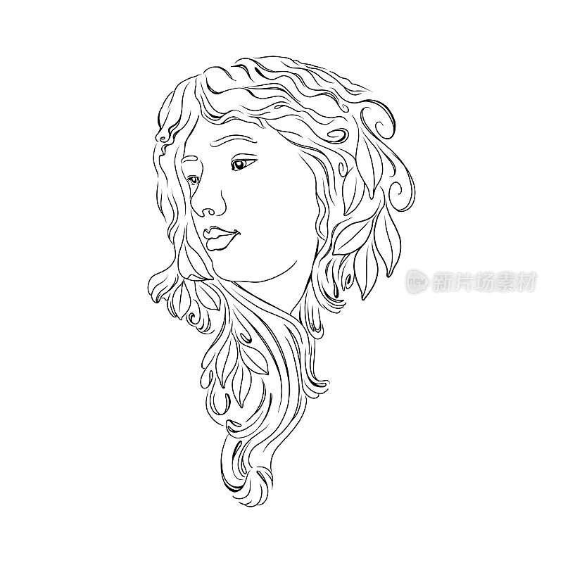 波西米亚女人与秋叶在她的头发，古董希腊女神胸像，矢量