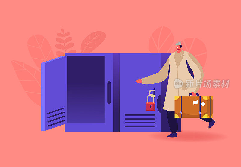 带着行李箱的男性角色把行李放在储藏室。机场或火车站的临时行李寄存处、储物柜