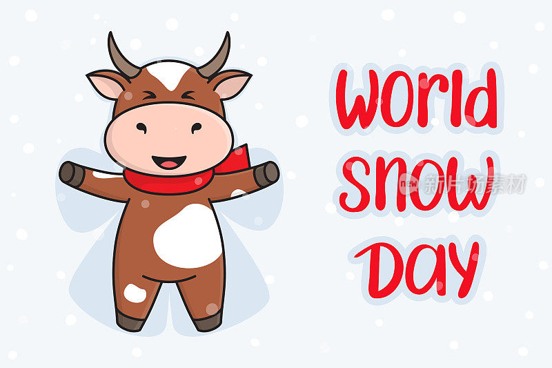 明信片上有文字“世界雪天”。一只红牛会变成一个雪天使。庆祝世界雪日的概念。矢量股票平面插图