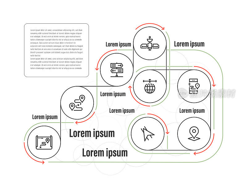 信息图表设计模板。地图，路线，路标，卫星，方向，GPS跟踪，导航箭头，位置图标8个选项或步骤。