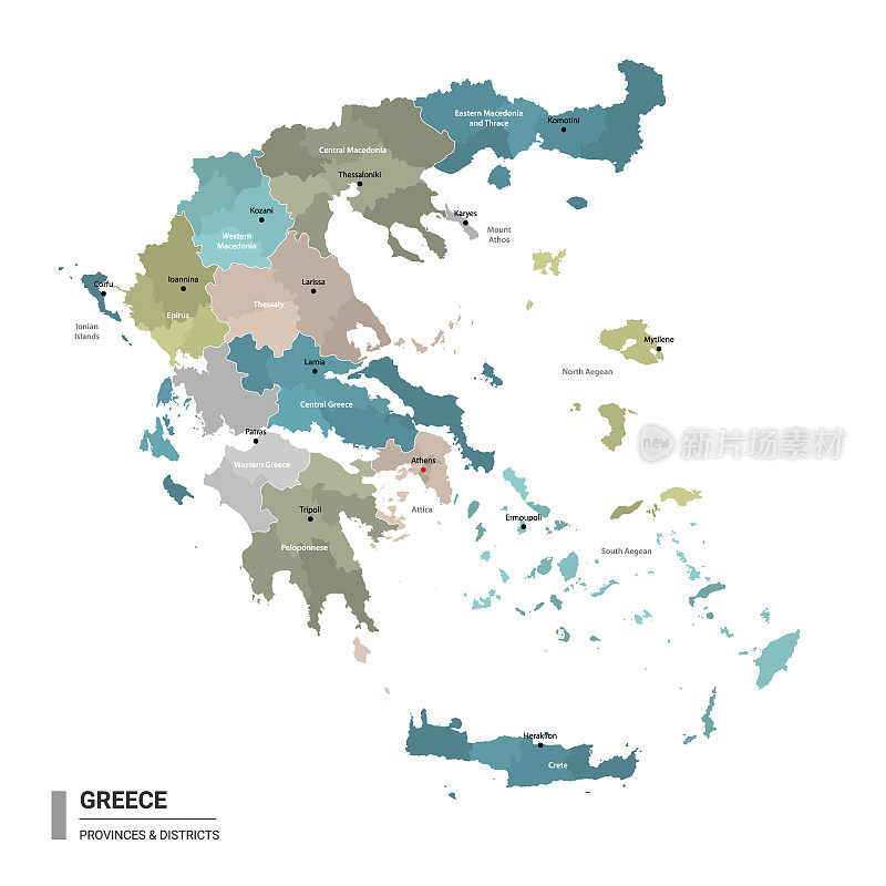 希腊高详细地图与细分。希腊行政地图与地区和城市名称，颜色由州和行政区域。矢量插图。