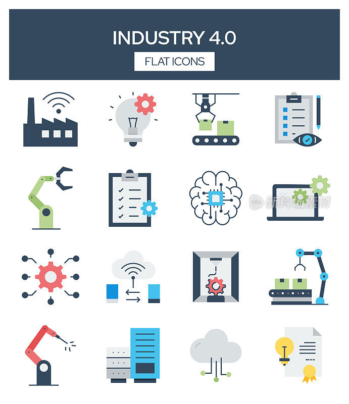 工业4.0相关现代平面图标矢量集合