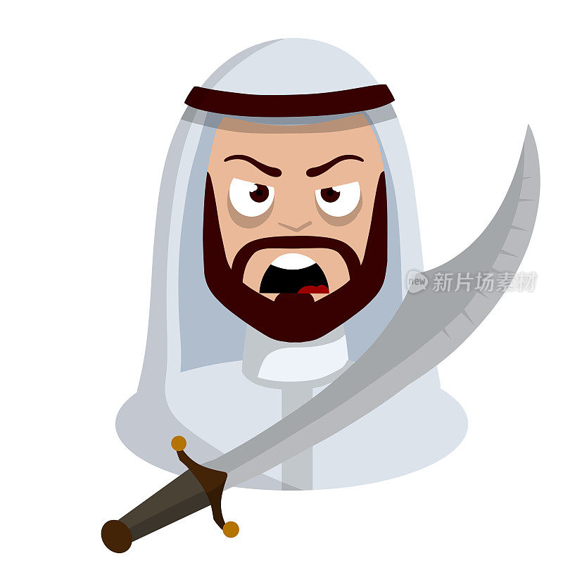 愤怒的阿拉伯人拿着剑。中东中世纪的战士。