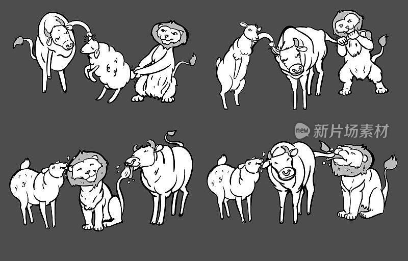 三种动物四个动作，绵羊，公牛，奶牛，狮子