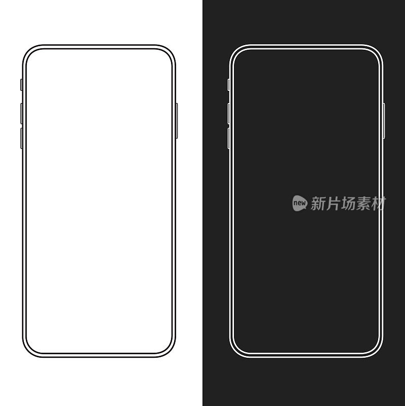 新版本的轻薄智能手机类似于iphone，黑白背景。轮廓矢量图