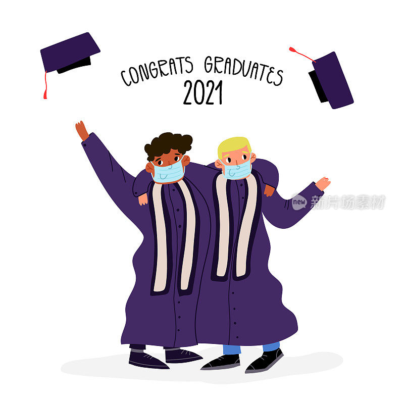学生们戴着医用口罩，穿着学士服，将他们的方形毕业帽抛向空中。2019冠状病毒病大流行期间大学毕业。祝贺2021年的毕业生。矢量插图。