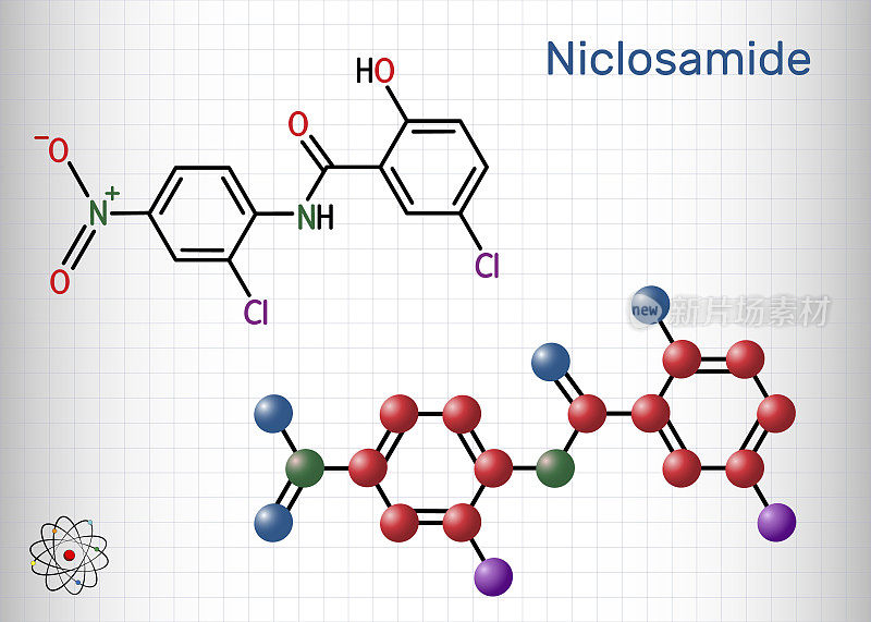 氯硝柳胺分子。它是氯化水杨酰苯胺，用于治疗绦虫感染的抗蠕虫药物。结构化学式和分子模型。笼子里的一张纸