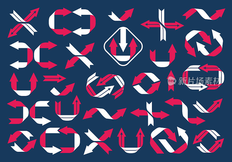 时尚的箭头标志和图标符号向量大集合，红色和黑色双色图形设计元素集合，光标和方向标志，循环刷新和联合箭头。
