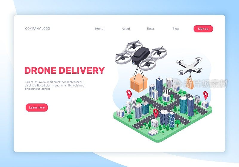 无人驾驶飞机交付。用无人机给客户送包裹。送货服务理念与飞行四轴飞行器和城市地图矢量着陆页