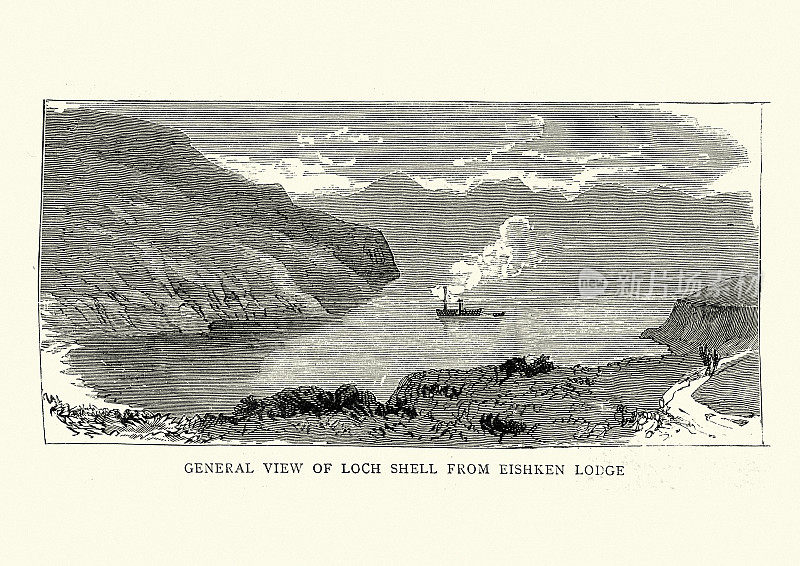 从艾什肯小屋，外赫布里底群岛，维多利亚19世纪的壳牌湖