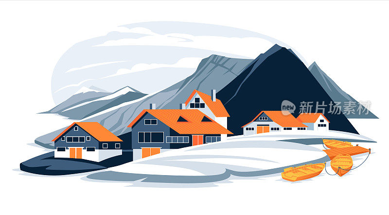 平坦的北欧山脉和海边渔村景观插图。卡通色彩斑斓的冷色调。