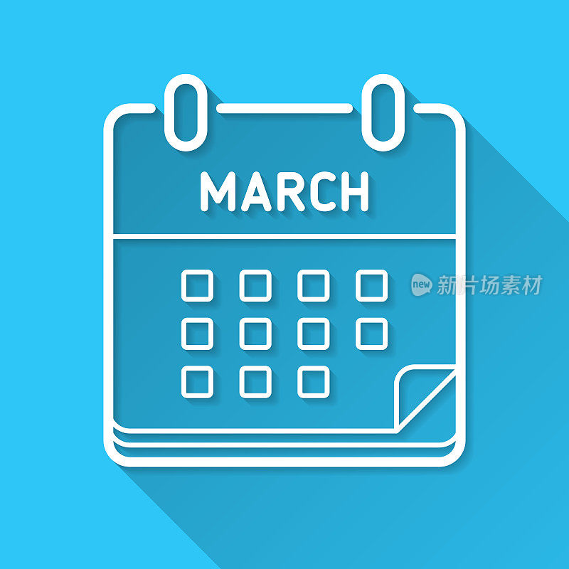 3月日历。蓝色背景上的图标-长阴影平面设计