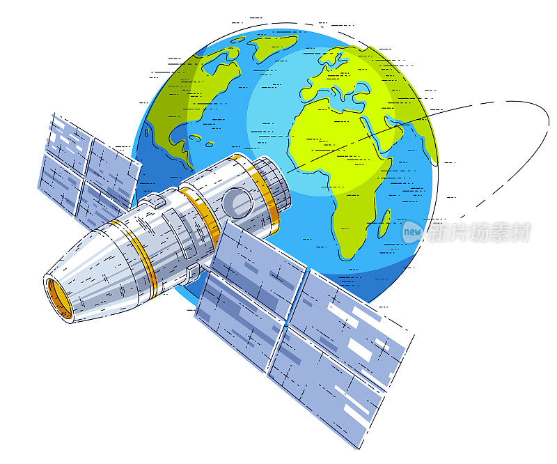 空间站绕地球轨道飞行，宇宙飞船iss搭载太阳能电池板，人造卫星。细线三维矢量插图。