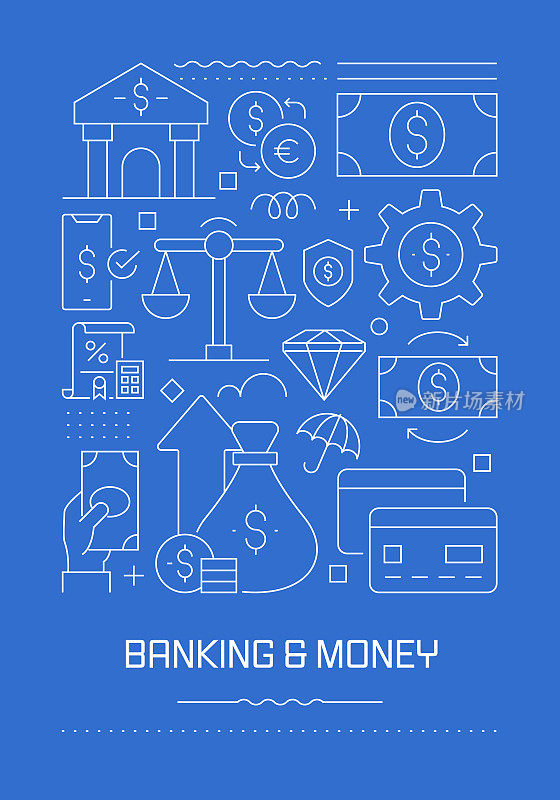 银行和金钱相关的现代线设计小册子，海报，传单，演示模板矢量插图