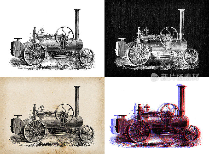 科学发现的古董插图:蒸汽动力农业机械
