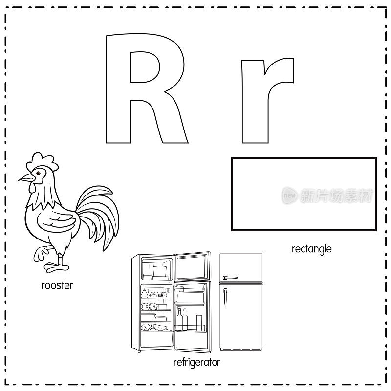 向量插图学习字母R的小写和大写的儿童与3卡通图像。公鸡冰箱矩形。