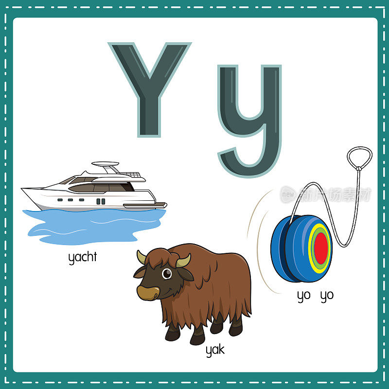 向量插图学习字母Y的小写和大写的儿童与3卡通图像。游艇牦牛溜溜球。