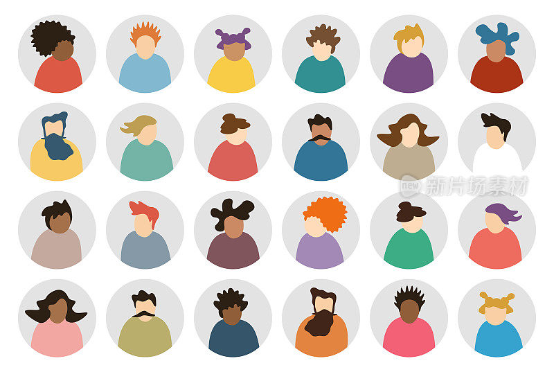Avatar抽象现代人物圆形图标集-社交网络的轮廓多样化的脸-矢量插图