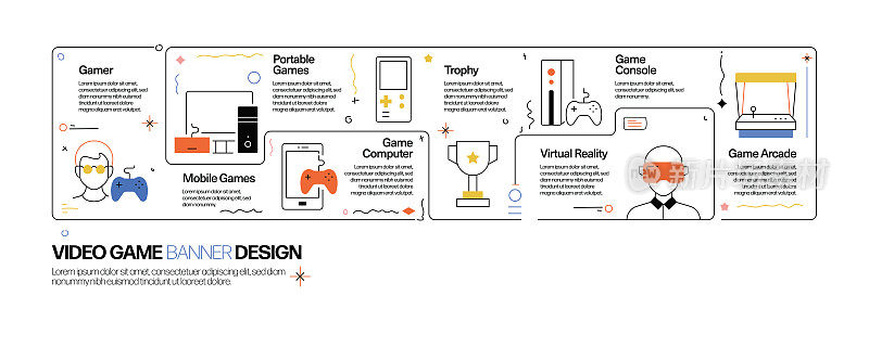 视频游戏概念，线风格矢量插图