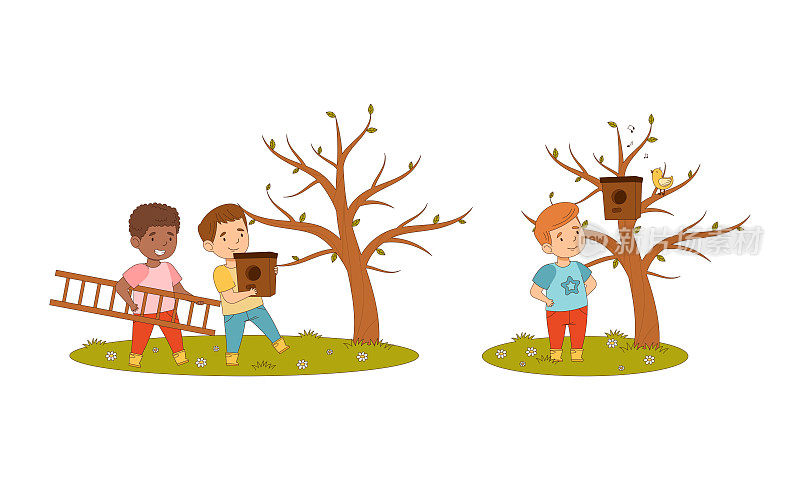 幼儿春季活动设置。男孩在树上挂鸟屋卡通矢量插图